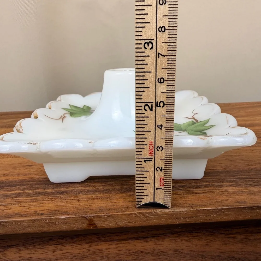 Vintage Milk Glass Hurricane Lamp Base Scalloped Square Ivy Leaf Gold Trim 7in